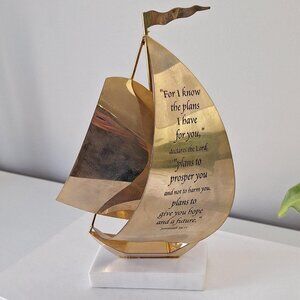 Brass Sailboat boat marble quartz stone base Jeremiah 29:11 scripture